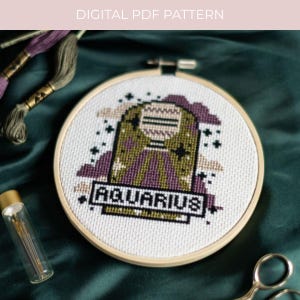 MOTIF PDF VERSEAU signe du zodiaque lion moderne point de croix horoscope étoiles Floral céleste gothique modèle numérique PDF adapté aux débutants