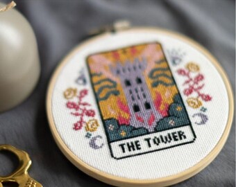 DIGITAL PATTERN The Tower Tarot Card Modern Cross Stitch - Moon Stars Floral Celestial Gothic Cross Stitch Pattern - Learn Cross Stitch
