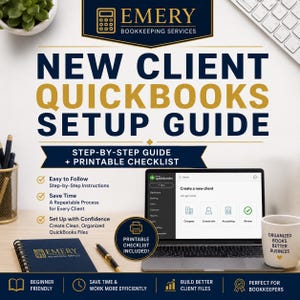 Może przedstawiać: Cyfrowy przewodnik konfiguracji QuickBooks dla nowych klientów z instrukcjami krok po kroku i listą kontrolną do druku. Zawiera logo Emery Bookkeeping Services, laptop z oprogramowaniem QuickBooks, notatnik oraz kubek.