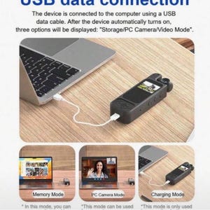 May include: A black handheld digital camera connected to a laptop via a white USB cable. The screen displays three modes: Storage, PC Camera, and Video Mode. Text on the image explains the USB data connection and device operation steps.