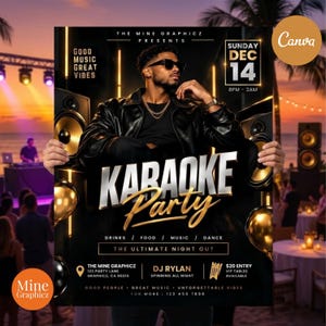 May include: A flyer for a Karaoke Party featuring a person in a black leather jacket and sunglasses. The text includes "THE MINE GRAPHICZ PRESENTS", "SUNDAY DEC 14", "KARAOKE PARTY", "DRINKS | FOOD | MUSIC | DANCE", "DJ RYLAN", and "$20 ENTRY".