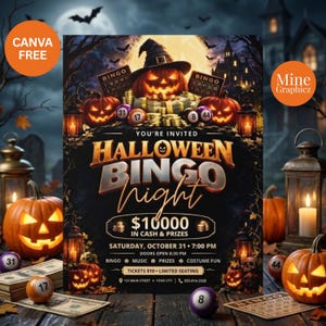 Op de afbeelding: Een Halloween Bingo Night evenementenflyer met een centrale pompoen met heksenhoed, stapels contant geld, bingoballen en de tekst: You're Invited Halloween Bingo Night $10000 in cash & prizes Saturday, October 31, 7:00 PM, Doors open 6:30 PM.