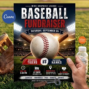 Baseball Fundraiser Flyer Template, Editable Canva Sports Event Poster, Charity Baseball Match, 8.5*11