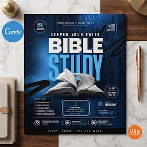 May include: A blue and white flyer for a Bible study event featuring an open book graphic. The text includes Deepen Your Faith, Bible Study, Every Thursday at 6:00PM CST, and Psalm 119:105. The design incorporates abstract dark blue swirls and white typography.