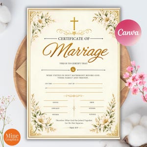 Editable Christian Marriage Certificate Template, Floral Wedding Certificate, Couple Keepsake Document, A4 Printable