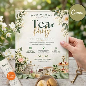 Peut inclure: Une carte d'invitation rectangulaire pour une tea party avec des illustrations florales, une théière et une tasse. Le texte indique : You're invited to a Tea Party, Good Tea, Sweet Treats, Great Company, Saturday Apr 26, 2026, 2:00 PM - 5:00 PM, The Mine Graphicz, 456 The Mine Graphicz, CA 92507, RSVP by April 18, 2026 (555) 123-4567, Dress in your favorite garden style!