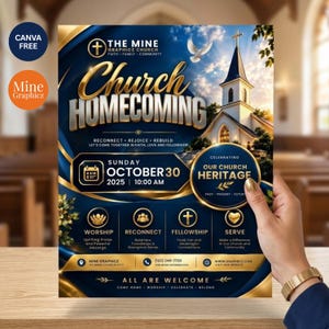 Könnte beinhalten: Ein blau-goldener Flyer für ein Kirchen-Homecoming-Event am Sonntag, den 30. Oktober 2025, um 10:00 Uhr. Das Design zeigt ein Kirchengebäude, eine Taube und Text, darunter The Mine Graphicz Church, Reconnect, Rejoice, Rebuild und All Are Welcome.