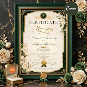 May include: A framed marriage certificate with cream paper, gold text, and green borders, featuring the names Daniel Anderson and Sophia Martinez. The document includes floral accents, a gold seal, and a small open box containing two gold wedding rings.