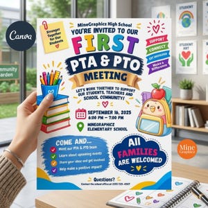 May include: A flyer for a MineGraphicz High School PTA & PTO meeting on September 16, 2025, from 6:00 PM to 7:00 PM at MineGraphicz Elementary School. The colorful design features a stack of books, a pencil cup, a cartoon backpack, and text.