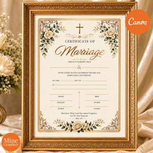 May include: A gold ornate frame containing a marriage certificate with cream-coloured paper. The document features a cross, floral illustrations, and text including Certificate of Marriage, We are united in holy matrimony before God, and Mark 10:9.