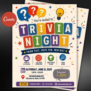 May include: A colourful trivia night event flyer on a cream background. The text reads TRIVIA NIGHT, THINK FAST. HAVE FUN. WIN BIG!, SATURDAY, JUNE 21, 2025, 7:00 PM - 10:00 PM, THE KNOWLEDGE SPOT, 456 jessica bl, Austin, TX 78701, and Bring your A-GAME!