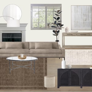May include: A living room interior design board featuring a beige sofa, a round glass coffee table with a wooden tray, a dark wood console table with cane doors, a floor lamp, a round mirror, a potted plant, and a textured brown area rug.