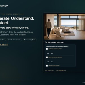 May include: A digital interface for StayTurn short-term rental operations. The screen displays text including Operate. Understand. Protect. Run every stay, from anywhere. It features a photograph of a modern living room and a checklist for personal items.