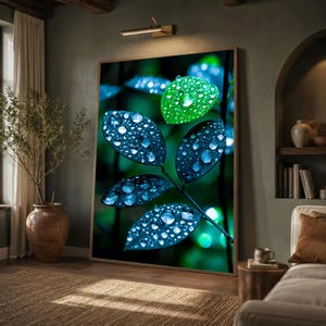 Moody Leaf Canvas Print, Nature Wall Art with Dew Drops, Dark Green Botanical Decor for Home or Office Space, leaf wall art