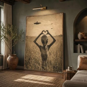 May include: A large rectangular wall art print featuring a sepia-toned illustration of an extraterrestrial being standing in a tall grass field. The figure forms a heart shape with its hands above its head, while two flying saucers hover in the sky.