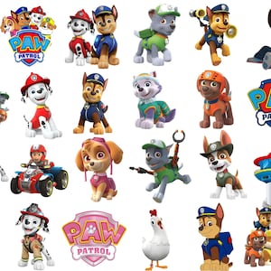 May include: A collection of Paw Patrol character stickers featuring Chase, Marshall, Skye, Rubble, Rocky, Zuma, and Ryder. The set includes various poses of the puppies, the Lookout tower, and the Paw Patrol logo in blue and pink color schemes.