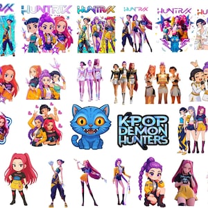 May include: A collection of digital stickers featuring the K-Pop Demon Hunters group, including various illustrations of three characters with purple, pink, and dark hair, a blue cat mascot, and the text Huntrix and K-Pop Demon Hunters.