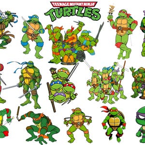 Pode incluir: Uma coleção de ilustrações das Tartarugas Ninja com várias tartarugas verdes com máscaras coloridas, carapaças e armas como katanas, nunchakus e bastões, exibidas em múltiplas poses de ação e formações de grupo em um fundo branco.