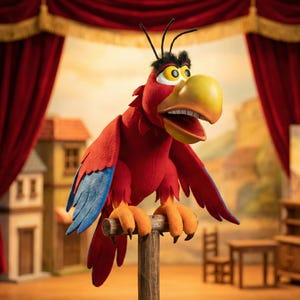 Puede incluir: Una figura de loro de peluche con plumas de color rojo brillante, puntas de alas azules y un gran pico amarillo. El ave tiene ojos amarillos con pupilas negras, cejas negras pobladas y tres plumas negras en la cabeza, posada en un soporte de madera.