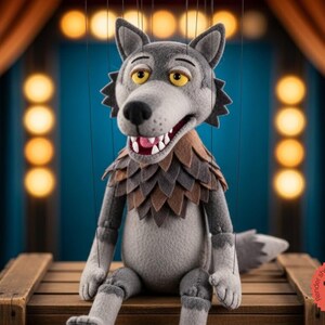 May include: A grey wolf marionette puppet with yellow eyes, a black nose, and a layered brown and grey collar. The puppet features articulated limbs, a wide open mouth with visible teeth, and thin control strings attached to its head and limbs.