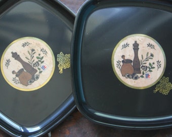 RARE design, 2 Square Couroc of Monterey CA trays, Vintage Serving trays with inlayed wood, McCormick Spices, 8.5"