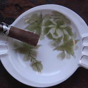 Stunning Vintage hand painted cigar ashtray, Vintage hand painted porcelain cigar ash tray, Shades of green and gold