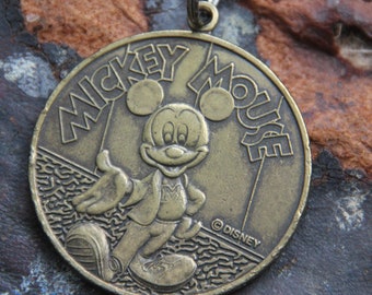 Vintage 80s Mickey Mouse Brass Keychain, Disney Souvenir
