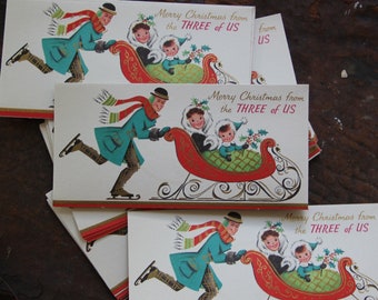 Vintage UNUSED Christmas card, "Merry Christmas From the three of Us", sold individually, 1950s unused Christmas card, holiday scrapbooking