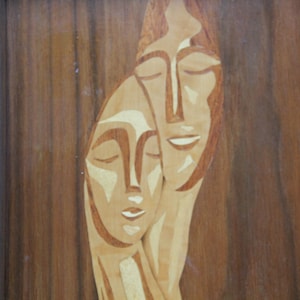 Mid Century Inlaid Wood Couple portrait, MCM vintage Marquette portrait