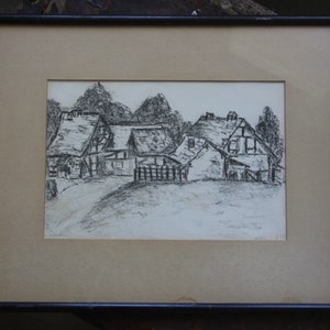Original Vintage Charcoal Drawing, Village of Cottages, Signed 1965, Ralph McGuire Framing