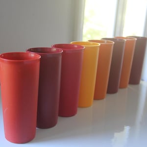 8 Vintage Tupperware Juice Tumblers Fall Colors #115 cups,  Orange, Red, Yellow color Tupperware