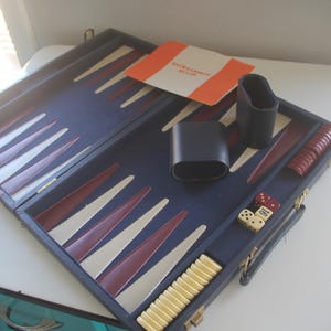 Vintage Navy Blue Vinyl Backgammon Travel Set Complete