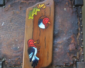 Vintage woodpecker carved painting signed, Vintage Bird Painting, Woodpecker art