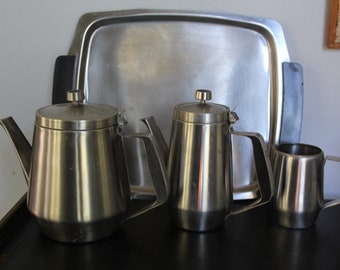 Mid Century Modern Stainless coffee set, 4 piece Vintage MCM stainless steel coffee / tea set, stainless steel grade 18-8