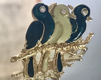 Vintage bird jewelry, vintage green and white bird brooch, vintage bird brooch, vintage bird pin, bird trio brooch, vintage bird jewelry