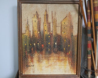 Vintage Dusk Skyline Painting, Signed Mid-Century Modern Townscape (15x12)