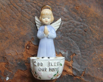 Vintage Angel Holy water font, God Bless our Home Holy Water Font, Vintage Holy Water Font, vintage Christian Alter