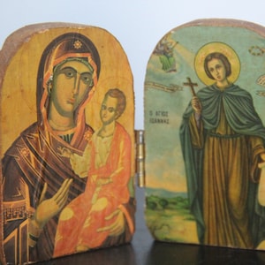 Unique Vintage Religious Catholic Shrine, Folk Art, Handmade Wood Shrine, Miniature Carved wood virgin Mary/Jesus shrine, mini alter