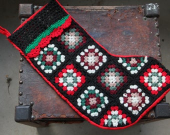 Vintage OOAK stocking, Granny Square crochet Christmas Stocking,hand made crochet stocking,Vintage Granny Square Stocking,Colorful stocking