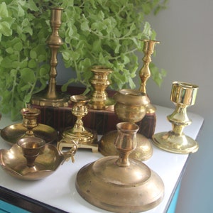 Vintage Brass Candlestick Collection, Set of Nine Mixed Candleholders, Brass Mantel Decor, vintage Brass Decor, Vintage Brass Candlesticks
