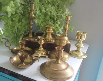 Vintage Brass Candlestick Collection, Set of Nine Mixed Candleholders, Brass Mantel Decor, vintage Brass Decor, Vintage Brass Candlesticks