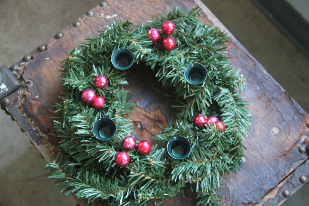 10 Vintage Advent Candle Wreath With Mini Red Glass Balls, Advent Decor
