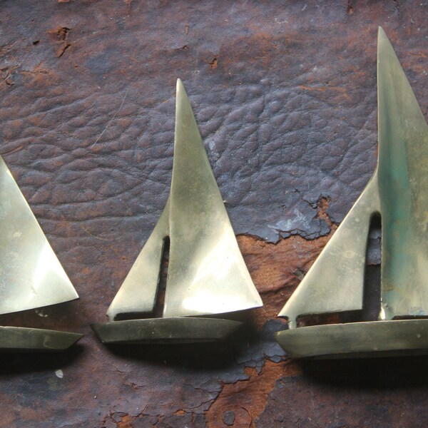 brass SAILBOAT Trio. Metal Sculpture, vintage metal nautical sculpture, vintage nautical gift, MCM brass sailboat and waves