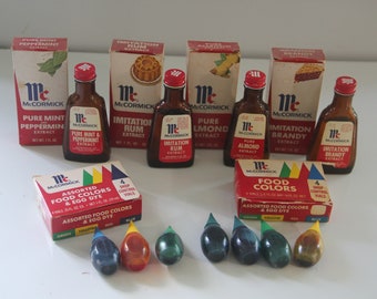 Lot of vintage McCormick spice extracts and food coloring, 1970s-80s McCormick Spice Boxes and Bottles, Retro Kitchen Decor, TV/Movie Prop