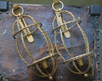 2 vintage Gold wall sconces, Twisted Metal Gold caged wall sconces for taper candles, Vintage Pair of gold wall sconces