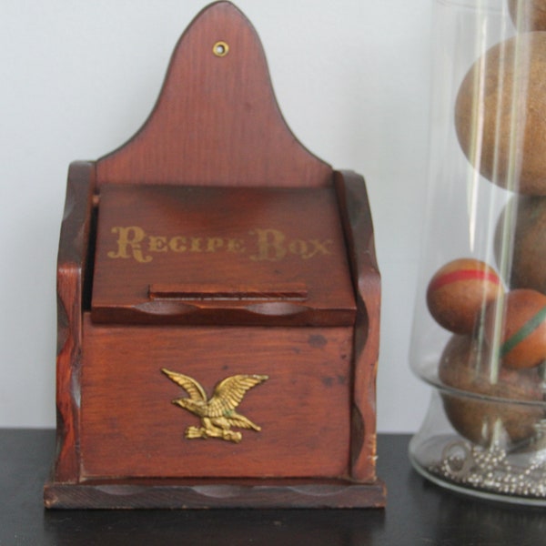 Vintage dark wood recipe box, metal eagle, carved wood, wall mount or countertop, with recipe holder slot 3 x 5 cards, vintage recipe box