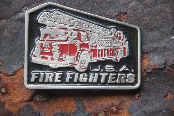 Vintage USA Fire Fighters Enamel Belt Buckle, vin… - image 2