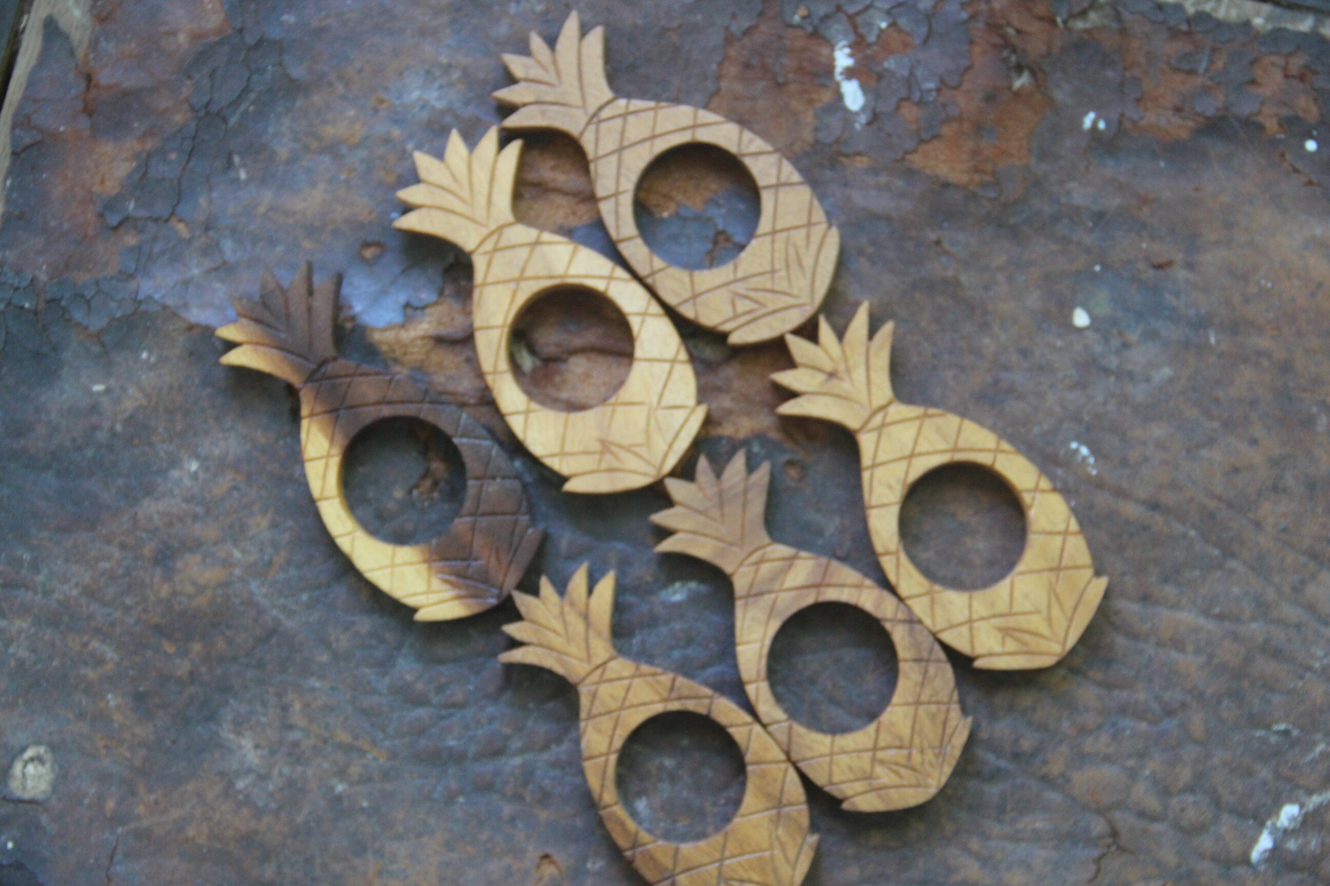 LuauTiki Party READY 6 Vintage wood pineapple napkin rings made in Hawaii Hawaiian Decor Vintage TIKI room
