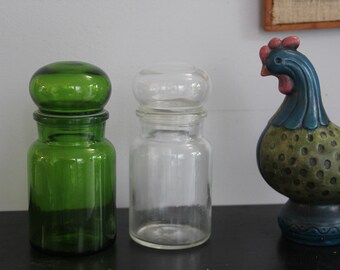 Set of 2 Vintage Glass Apothecary Jars -Green and Clear Glass Jars, Made in Belgium, 6.75",