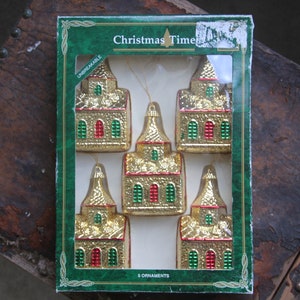 5 Vintage Christmas Time Tree Hand painted Plastic CHURCH ORNAMENTS, Looks like Mercury Glass, In original box